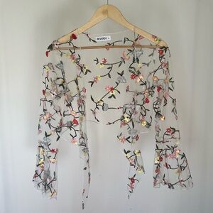 Reverse Floral Sheer Embroidered Long Sleeve Tie Front Top